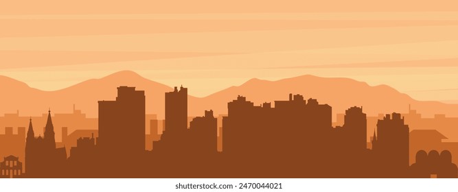 Brown panoramic poster of the city skyline with misty background buildings, sunrise, clouds and mountains of CURITIBA, BRAZIL