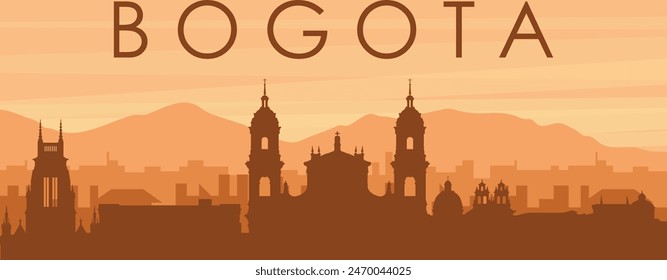 Afiche panorámico marrón del horizonte de la ciudad con edificios de fondo brumoso, amanecer, nubes y montañas de BOGOTÁ, COLOMBIA