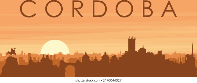 Brown panoramic poster of the city skyline with misty background buildings, sunrise, clouds and mountains of CORDOBA, ARGENTINA