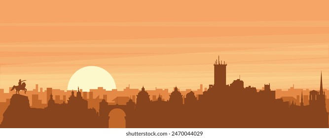 Brown panoramic poster of the city skyline with misty background buildings, sunrise, clouds and mountains of CORDOBA, ARGENTINA