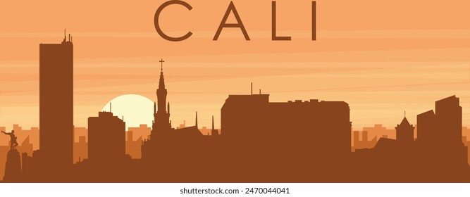 Brown panoramic poster of the city skyline with misty background buildings, sunrise, clouds and mountains of CALI, COLOMBIA