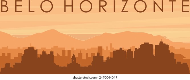 Afiche panorámico marrón del horizonte de la ciudad con edificios de fondo brumoso, amanecer, nubes y montañas de BELO HORIZONTE, BRASIL