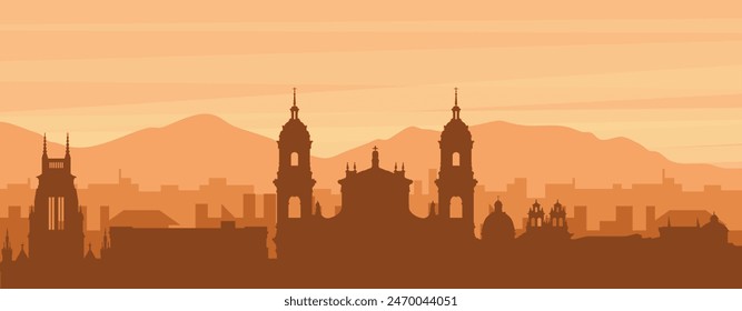 Brown panoramic poster of the city skyline with misty background buildings, sunrise, clouds and mountains of BOGOTA, COLOMBIA