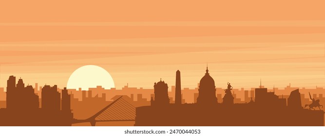 Brown panoramic poster of the city skyline with misty background buildings, sunrise, clouds and mountains of BUENOS AIRES, ARGENTINA