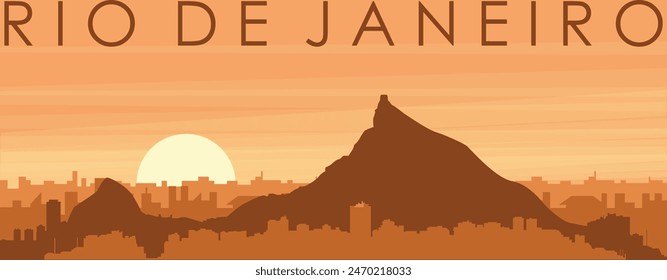 Brown panoramic poster of the city skyline with misty background buildings, sunrise, clouds and mountains of RIO DE JANEIRO, BRAZIL