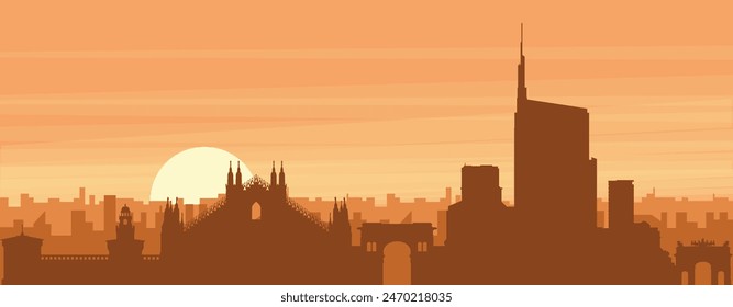 Brown panoramic poster of the city skyline with misty background buildings, sunrise, clouds and mountains of MILAN (MILANO), ITALY