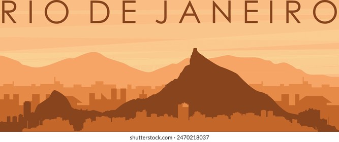 Brown panoramic poster of the city skyline with misty background buildings, sunrise, clouds and mountains of RIO DE JANEIRO, BRAZIL