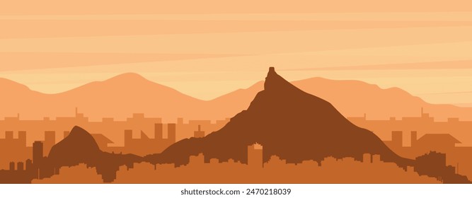 Brown panoramic poster of the city skyline with misty background buildings, sunrise, clouds and mountains of RIO DE JANEIRO, BRAZIL