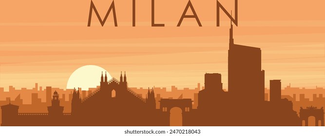 Braunes Panoramaposter der Stadtskyline mit nebeligen Hintergrundgebäuden, Sonnenaufgang, Wolken und Berge von MAILAND (MAILAND), ITALIEN