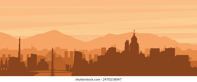 Brown panoramic poster of the city skyline with misty background buildings, sunrise, clouds and mountains of SÃO PAULO, BRAZIL