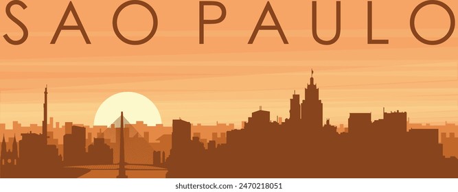 Brown panoramic poster of the city skyline with misty background buildings, sunrise, clouds and mountains of SÃO PAULO, BRAZIL