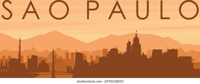 Brown panoramic poster of the city skyline with misty background buildings, sunrise, clouds and mountains of SÃO PAULO, BRAZIL