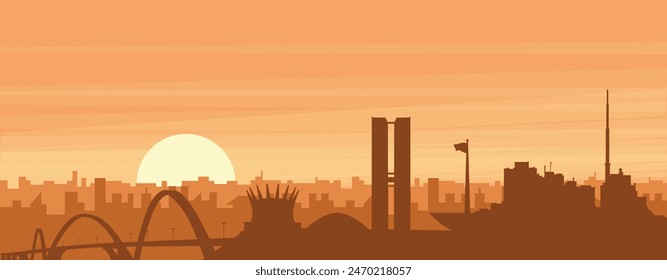 Afiche panorámico marrón del horizonte de la ciudad con edificios de fondo brumoso, amanecer, nubes y montañas de BRASILIA, BRASIL