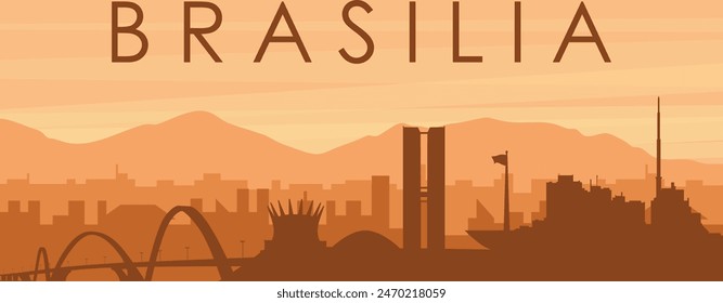 Brown panoramic poster of the city skyline with misty background buildings, sunrise, clouds and mountains of BRASÍLIA, BRAZIL