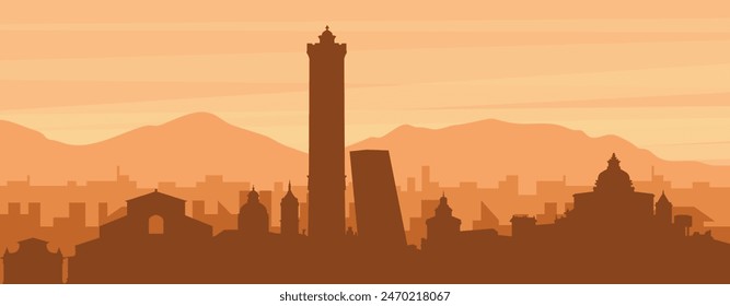 Brown panoramic poster of the city skyline with misty background buildings, sunrise, clouds and mountains of BOLOGNA, ITALY