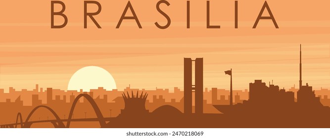 Afiche panorámico marrón del horizonte de la ciudad con edificios de fondo brumoso, amanecer, nubes y montañas de BRASILIA, BRASIL