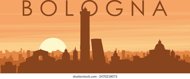 Brown panoramic poster of the city skyline with misty background buildings, sunrise, clouds and mountains of BOLOGNA, ITALY