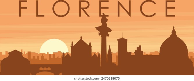 Braunes Panoramaposter der Stadtskyline mit nebeligen Hintergrundgebäuden, Sonnenaufgang, Wolken und Berge von FLORENZ (FIRENZE), ITALIEN