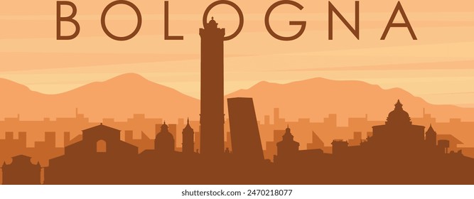 Brown panoramic poster of the city skyline with misty background buildings, sunrise, clouds and mountains of BOLOGNA, ITALY