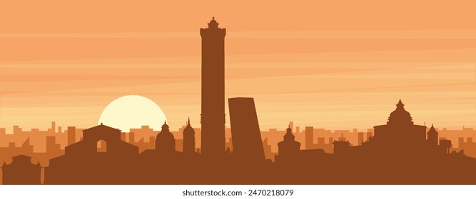 Brown panoramic poster of the city skyline with misty background buildings, sunrise, clouds and mountains of BOLOGNA, ITALY