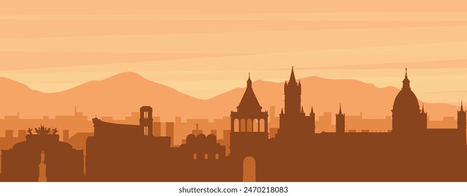 Brown panoramic poster of the city skyline with misty background buildings, sunrise, clouds and mountains of PALERMO, ITALY