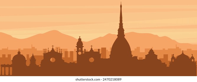 Brown panoramic poster of the city skyline with misty background buildings, sunrise, clouds and mountains of TURIN (TORINO), ITALY