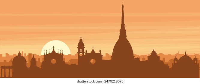 Brown panoramic poster of the city skyline with misty background buildings, sunrise, clouds and mountains of TURIN (TORINO), ITALY