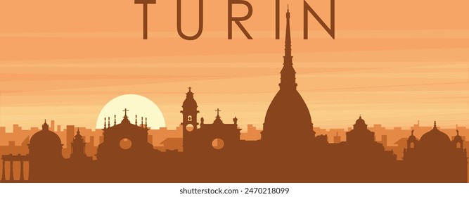 Brown panoramic poster of the city skyline with misty background buildings, sunrise, clouds and mountains of TURIN (TORINO), ITALY