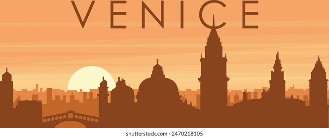 Brown panoramic poster of the city skyline with misty background buildings, sunrise, clouds and mountains of VENICE (VENEZIA), ITALY