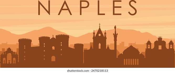 Brown panoramic poster of the city skyline with misty background buildings, sunrise, clouds and mountains of NAPLES (NAPOLI), ITALY