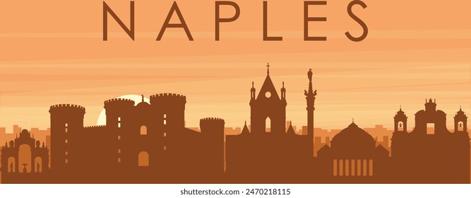 Brown panoramic poster of the city skyline with misty background buildings, sunrise, clouds and mountains of NAPLES (NAPOLI), ITALY