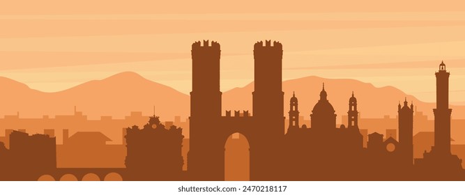 Brown panoramic poster of the city skyline with misty background buildings, sunrise, clouds and mountains of GENOA (GENOVA), ITALY