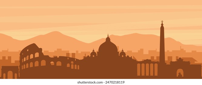 Brown panoramic poster of the city skyline with misty background buildings, sunrise, clouds and mountains of ROME (ROMA), ITALY