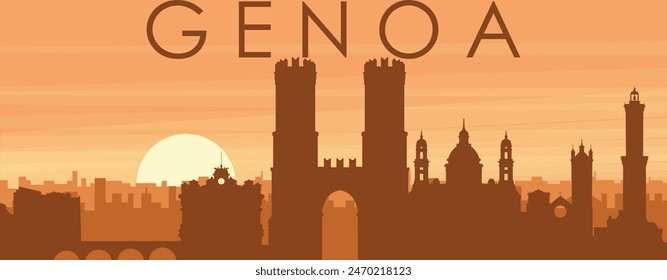 Brown panoramic poster of the city skyline with misty background buildings, sunrise, clouds and mountains of GENOA (GENOVA), ITALY