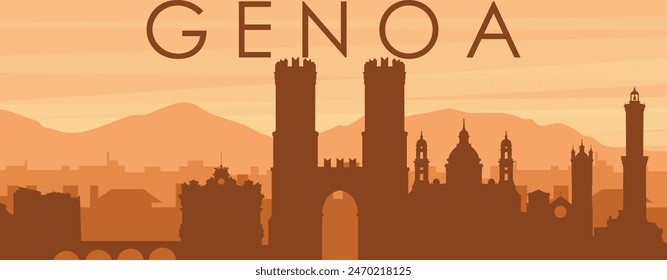 Brown panoramic poster of the city skyline with misty background buildings, sunrise, clouds and mountains of GENOA (GENOVA), ITALY