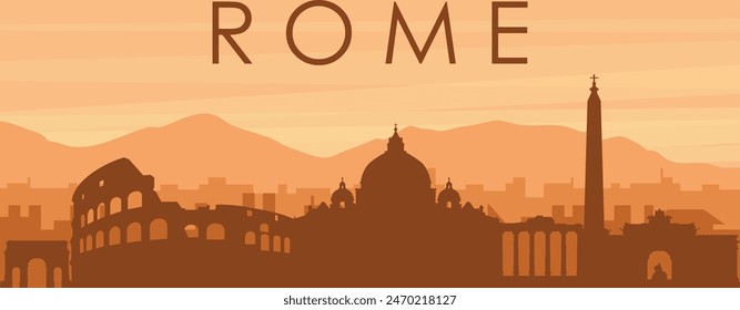 Afiche panorámico marrón del horizonte de la ciudad con edificios de fondo brumoso, amanecer, nubes y montañas de ROMA (ROMA), ITALIA