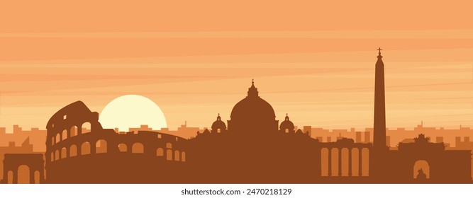 Brown panoramic poster of the city skyline with misty background buildings, sunrise, clouds and mountains of ROME (ROMA), ITALY