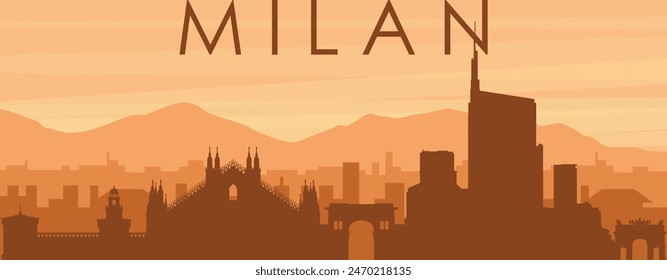 Brown panoramic poster of the city skyline with misty background buildings, sunrise, clouds and mountains of MILAN (MILANO), ITALY