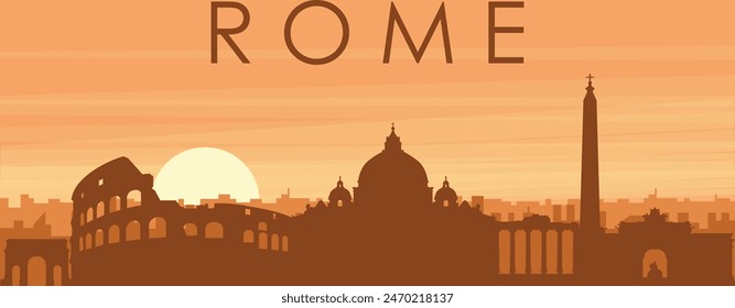 Braunes Panoramaposter der Stadtskyline mit nebeligen Hintergrundgebäuden, Sonnenaufgang, Wolken und Bergen von Rom (ROMA), ITALIEN