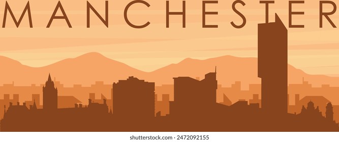 Brown panoramic poster of the city skyline with misty background buildings, sunrise, clouds and mountains of MANCHESTER, UNITED KINGDOM