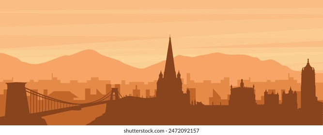 Afiche panorámico marrón del horizonte de la ciudad con edificios de fondo brumoso, amanecer, nubes y montañas de BRISTOL, REINO UNIDO