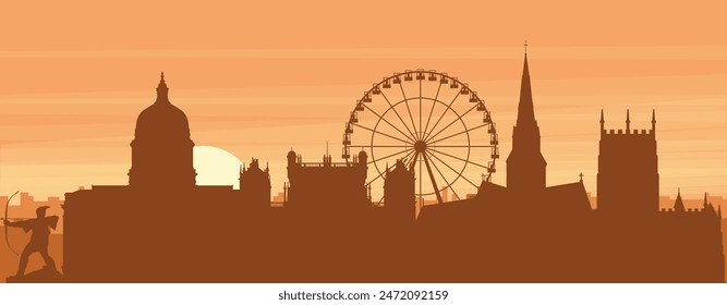 Brown panoramic poster of the city skyline with misty background buildings, sunrise, clouds and mountains of NOTTINGHAM, UNITED KINGDOM