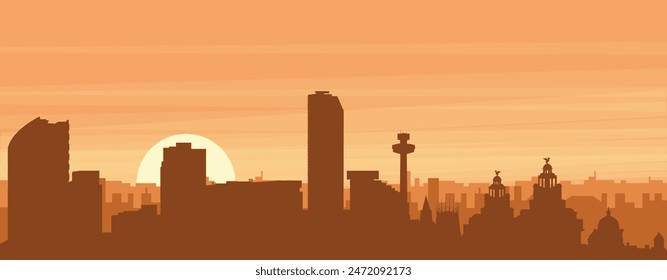 Brown panoramic poster of the city skyline with misty background buildings, sunrise, clouds and mountains of LIVERPOOL, UNITED KINGDOM