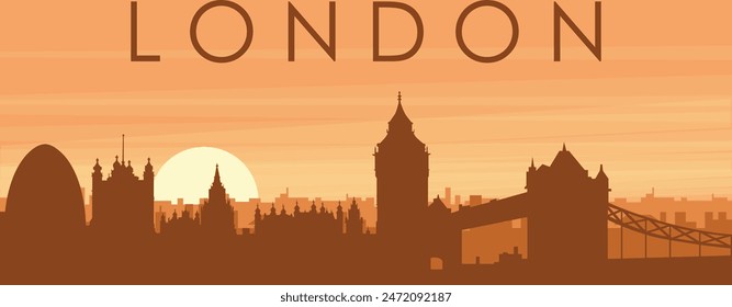 Braunes Panoramaposter der Stadtsyline mit nebeligen Hintergrundgebäuden, Sonnenaufgang, Wolken und Bergen von LONDON, VEREINIGTES KÖNIGREICH