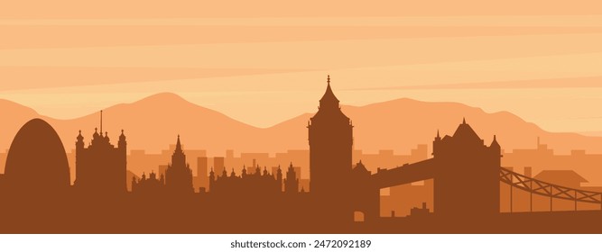 Brown panoramic poster of the city skyline with misty background buildings, sunrise, clouds and mountains of LONDON, UNITED KINGDOM