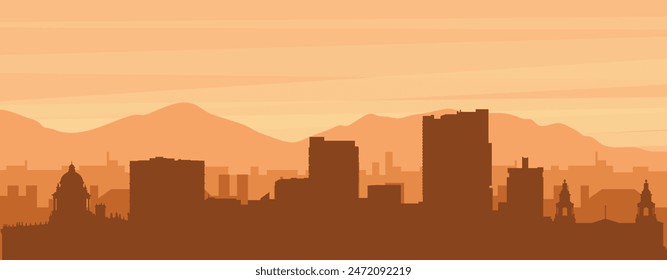 Afiche panorámico marrón del horizonte de la ciudad con edificios de fondo brumoso, amanecer, nubes y montañas de LEEDS, REINO UNIDO