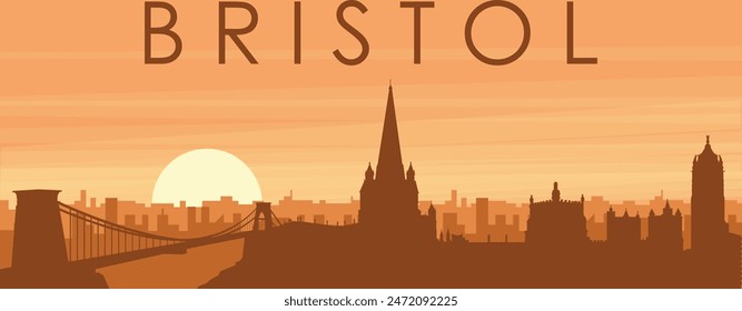 Afiche panorámico marrón del horizonte de la ciudad con edificios de fondo brumoso, amanecer, nubes y montañas de BRISTOL, REINO UNIDO