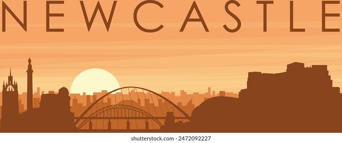 Brown panoramic poster of the city skyline with misty background buildings, sunrise, clouds and mountains of NEWCASTLE, UNITED KINGDOM