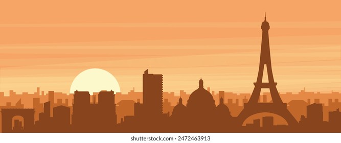 Brown panoramic poster of the city skyline with misty background buildings, sunrise, clouds and mountains of PARIS, FRANCE