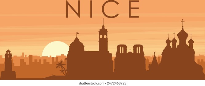 Brown panoramic poster of the city skyline with misty background buildings, sunrise, clouds and mountains of NICE, FRANCE